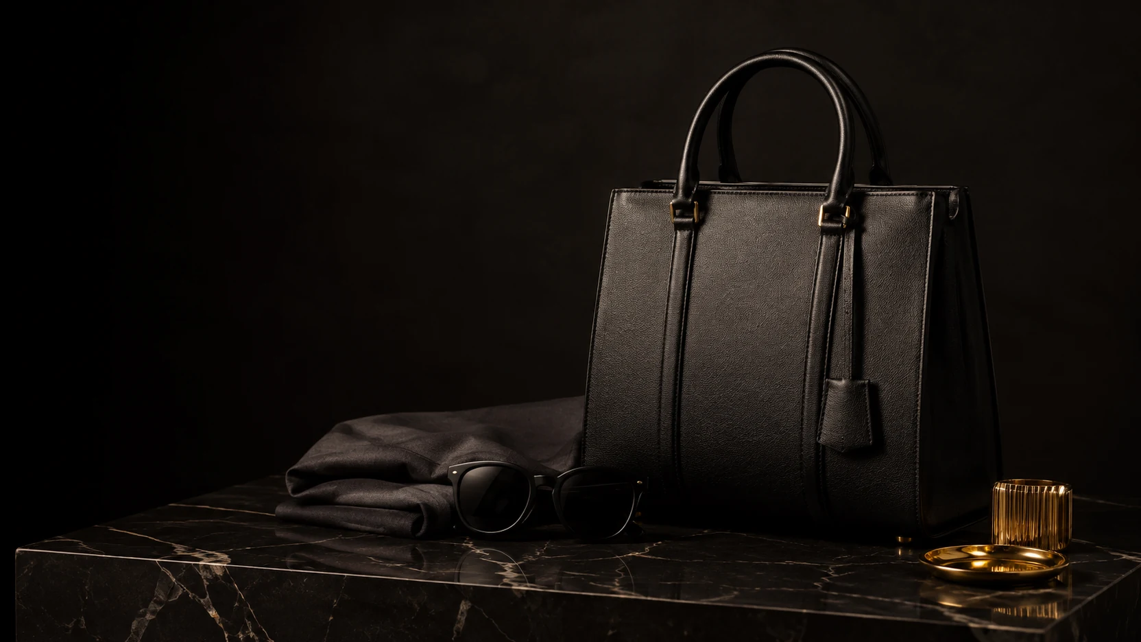 Composizione editoriale di accessori su marmo nero