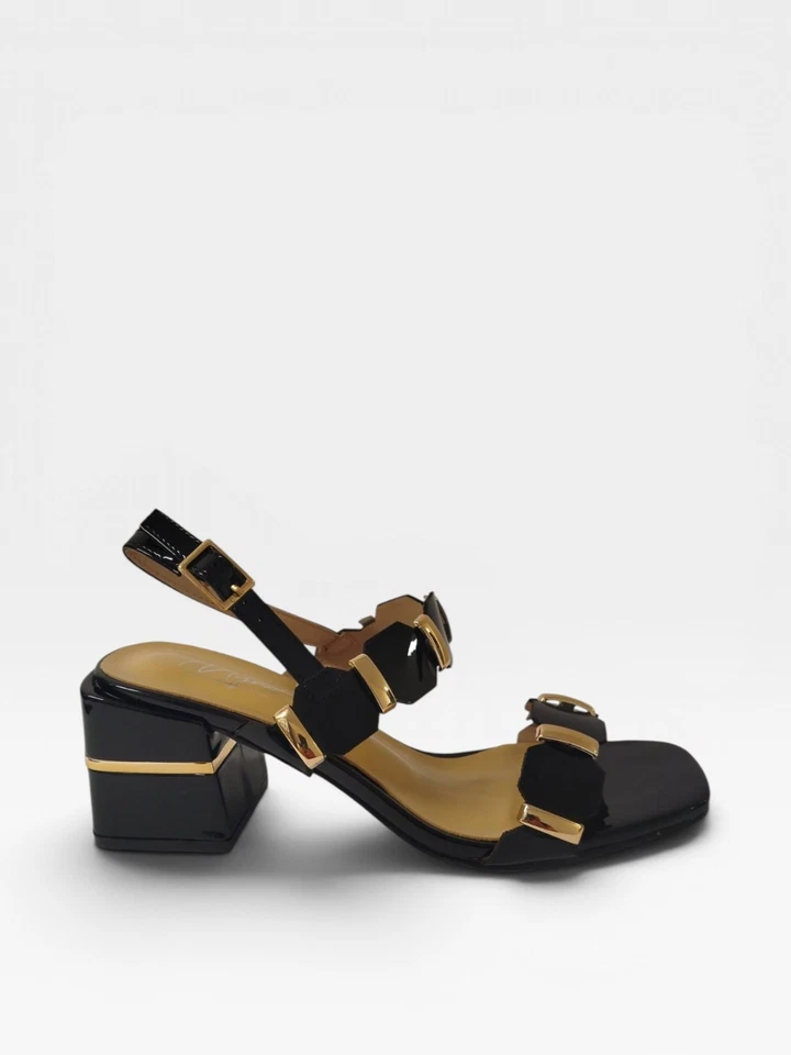 Myrel Sande MYE4001 Sandali Donna Beige Nero Tacco Blocchetto Cerimonia